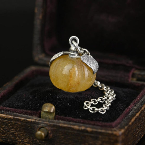 Vintage Yellow Jadeite Pumpkin Pendant, Sterling Silver