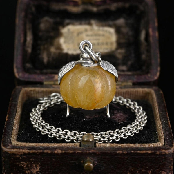 Vintage Yellow Jadeite Pumpkin Pendant, Sterling Silver