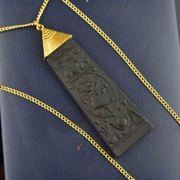 Vintage Black Wedgwood Carved Egyptian Pendant Necklace - Boylerpf