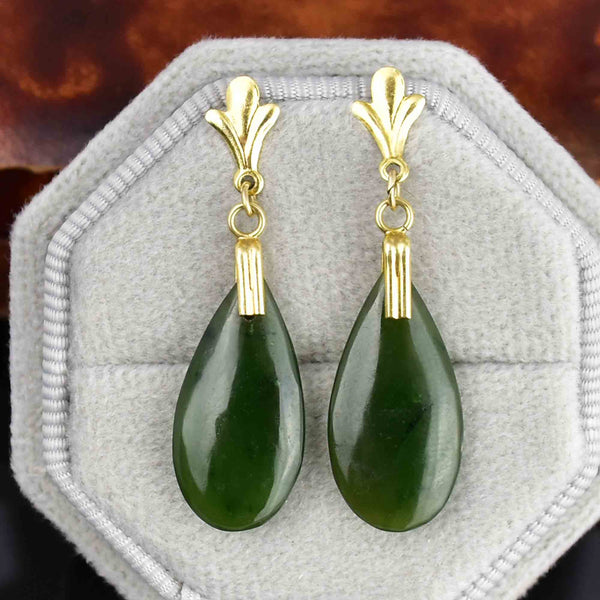 14K Gold Fluer de Lis Jade Teardrop Earrings - Boylerpf