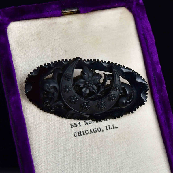 Victorian Carved Whitby Jet Crescent Moon Floral Brooch - Boylerpf