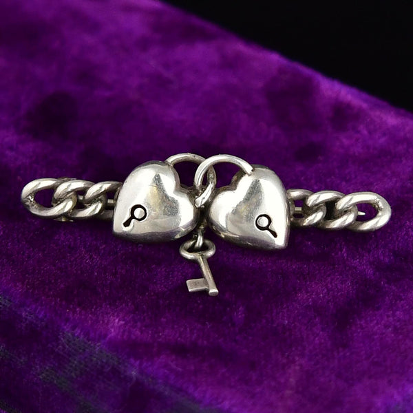 Antique Sterling Silver Heart Padlock Key Brooch - Boylerpf