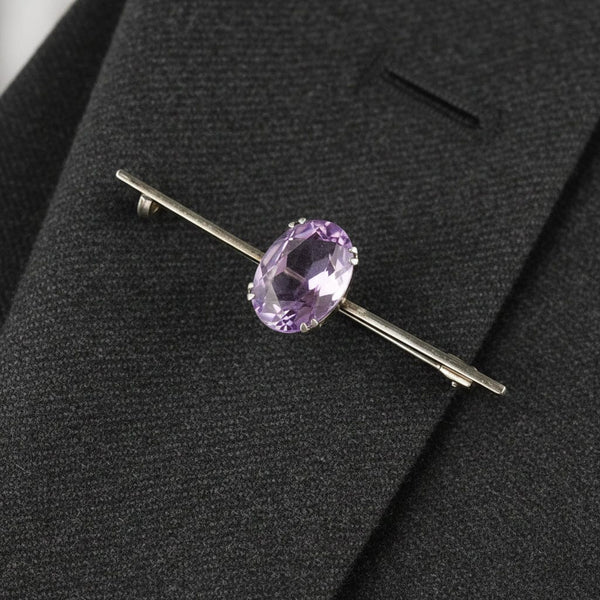Art Deco Amethyst 935 Silver Bar Brooch