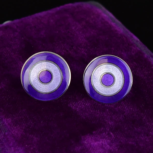 Antique English Sterling Silver Purple Enamel Stud Earrings