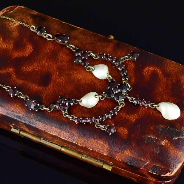 Antique Bohemian Garnet Pearl Victorian Necklace