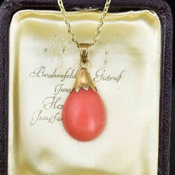 14K Gold Natural Salmon Coral Teardrop Pendant Necklace - Boylerpf