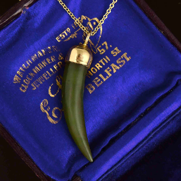 Vintage 9K Gold Carved Jade Sabre Tooth Pendant Necklace - Boylerpf