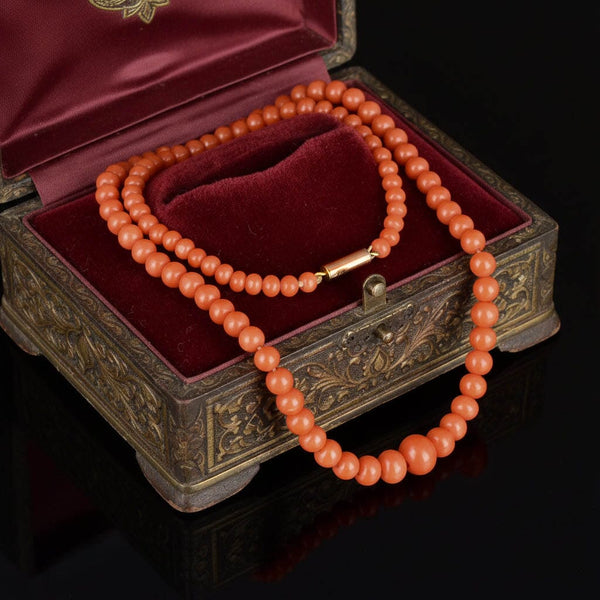 Antique Salmon Coral Bead Necklace 9K Gold Clasp