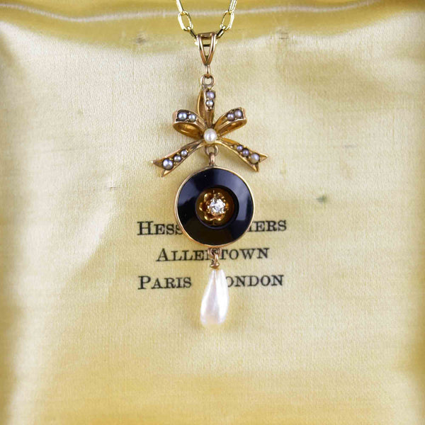 Art Deco 10K Gold Diamond Onyx Pearl Pendant Necklace - Boylerpf