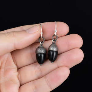 Antique Sterling Silver Whitby Jet Acorn Earrings - Boylerpf