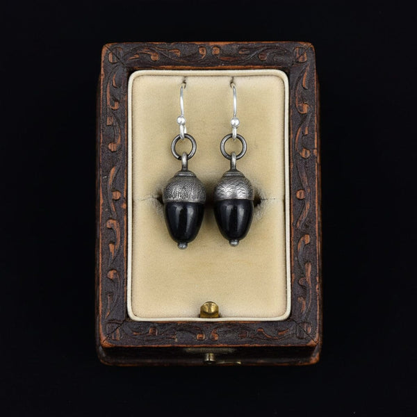 Antique Sterling Silver Whitby Jet Acorn Earrings - Boylerpf
