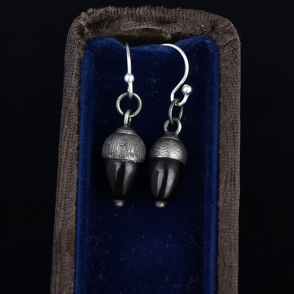 Antique Sterling Silver Whitby Jet Acorn Earrings - Boylerpf