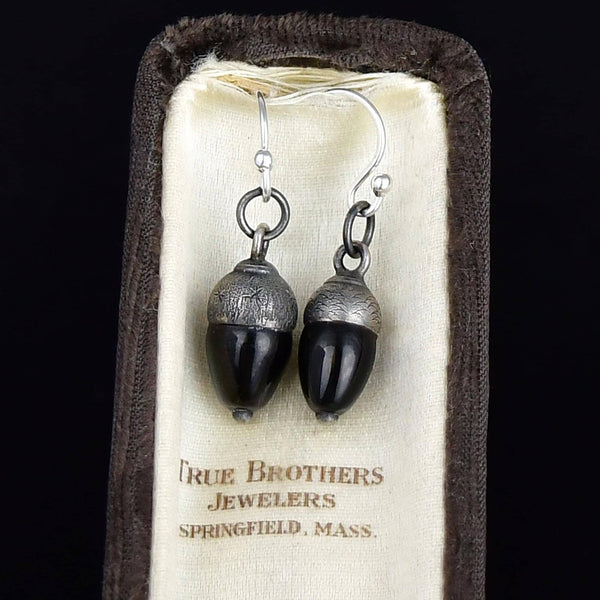 Antique Sterling Silver Whitby Jet Acorn Earrings - Boylerpf