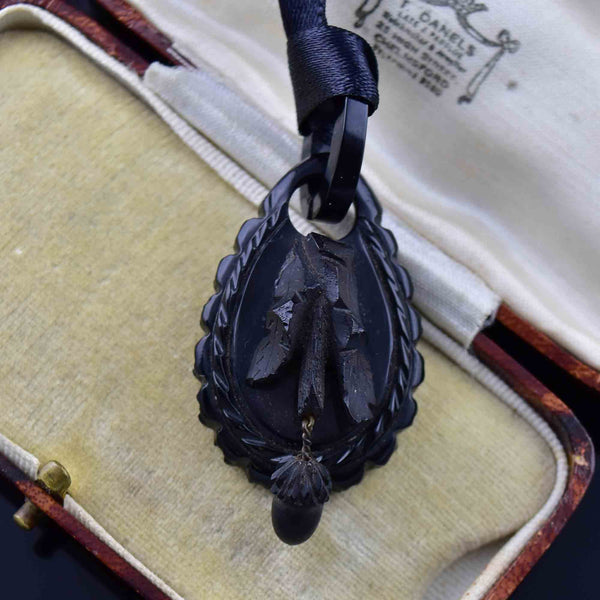 Antique Victorian Carved Whitby Jet Acorn Pendant - Boylerpf