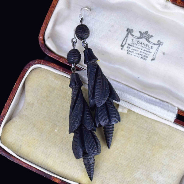 Antique Victorian Irish Bog Oak SnowDrop Flower Mourning Earrings - Boylerpf