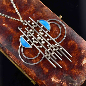 Vintage Modernist Blue Guilloche Enamel Silver Pendant Necklace - Boylerpf