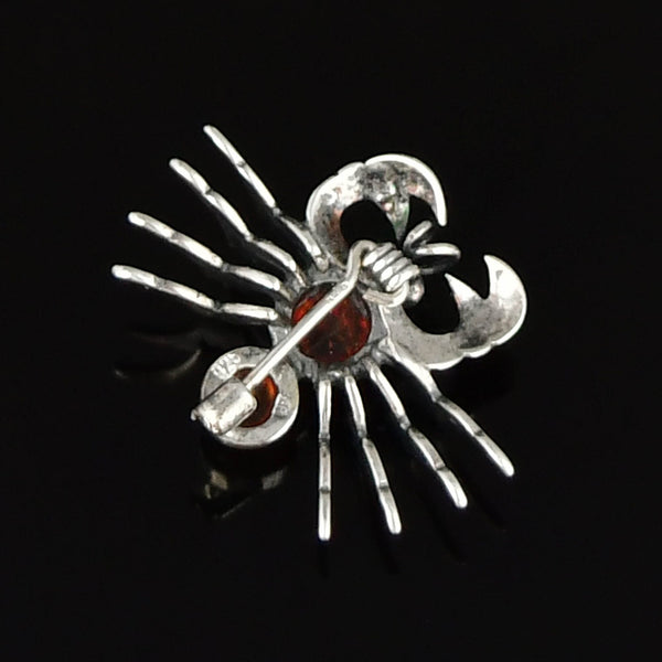 Vintage Amber Cabochon Sterling Silver Crab Zodiac Brooch