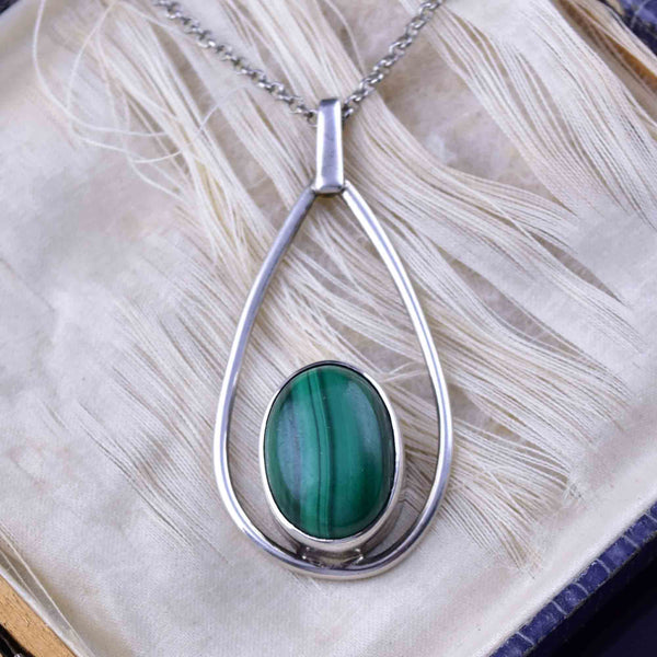 Vintage Sterling Silver Malachite Pendant Necklace - Boylerpf