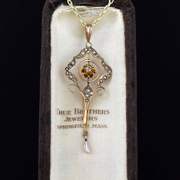 Antique 10K Gold Diamond Seed Pearl Lavalier Necklace