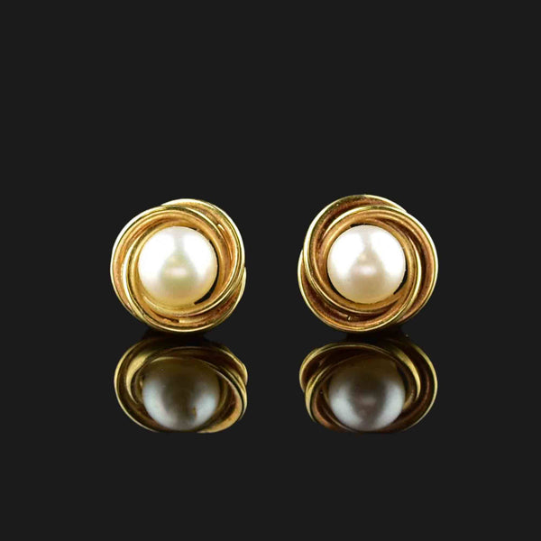 Vintage 14K Gold Love Knot Pearl Stud Earrings - Boylerpf