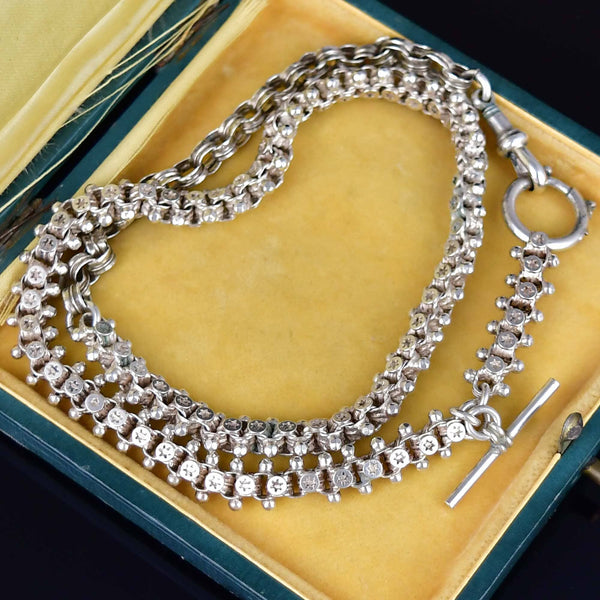 Antique Victorian Sterling Silver Star Engraved Watch Chain Necklace