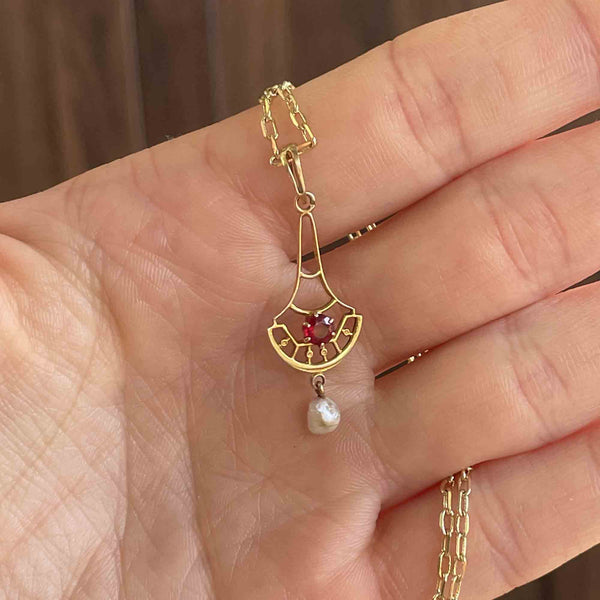 Antique 10K Gold Garnet Seed Pearl Lavalier Pendant Necklace - Boylerpf