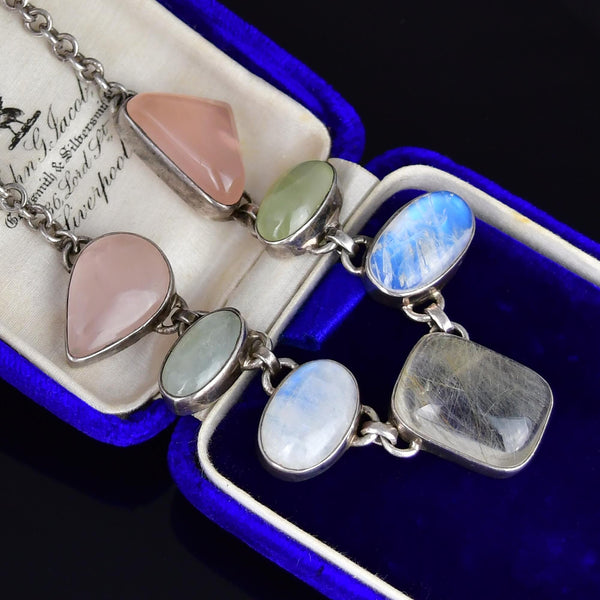 Vintage Silver Green, Rutilated, & Rose Quartz Necklace - Boylerpf