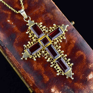 Vintage Gold Vermeil Garnet Cross Pendant Necklace - Boylerpf