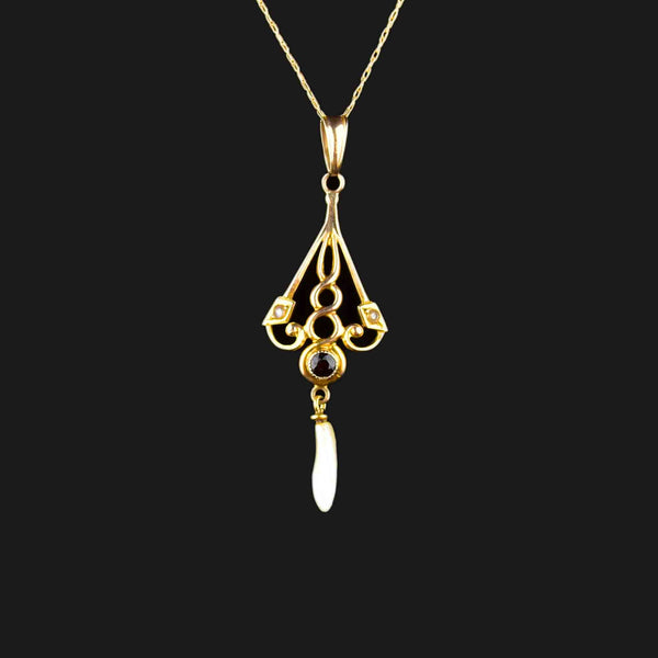 Edwardian 10K Gold Garnet Seed Pearl Lavaliere Necklace - Boylerpf