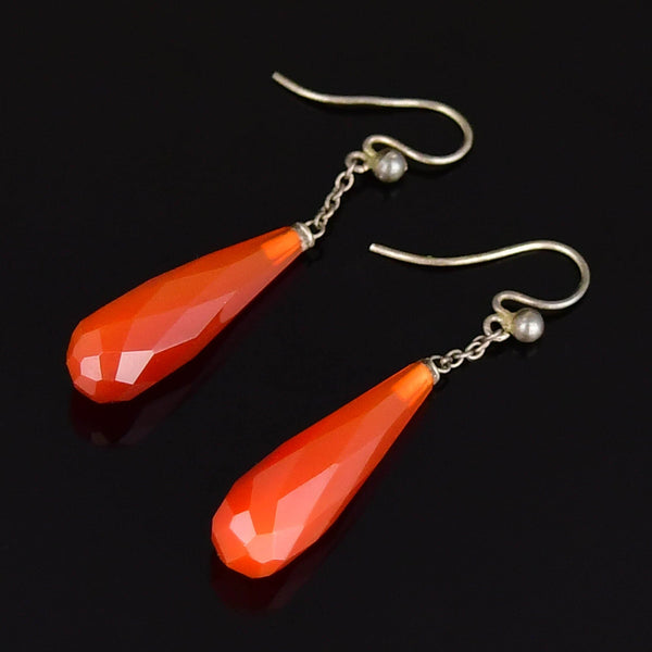 Edwardian Silver Faceted Carnelian Drop Earrings