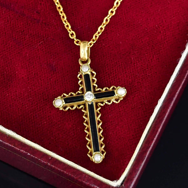 Antique 18K Gold Diamond Pearl Enamel Cross Pendant Necklace - Boylerpf