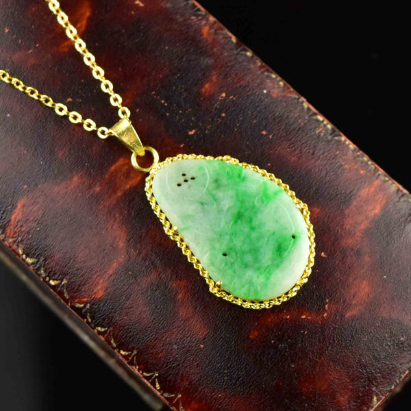 Vintage 14K Gold Pierced Carved Jade Pendant Necklace - Boylerpf