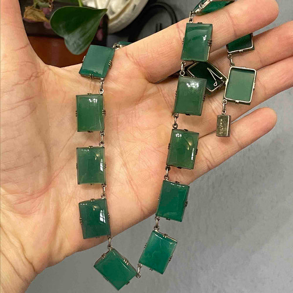 Art Deco Silver Chrysoprase Chalcedony Chain Necklace - Boylerpf