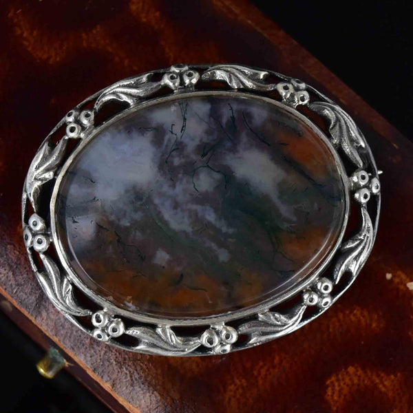 Silver Arts and Crafts Grape Leaf Scottish Moss Agate Brooch - Boylerpf