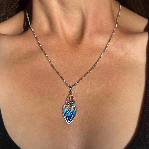 Antique Art Nouveau Silver Blue Enamel Heart Pendant Necklace - Boylerpf