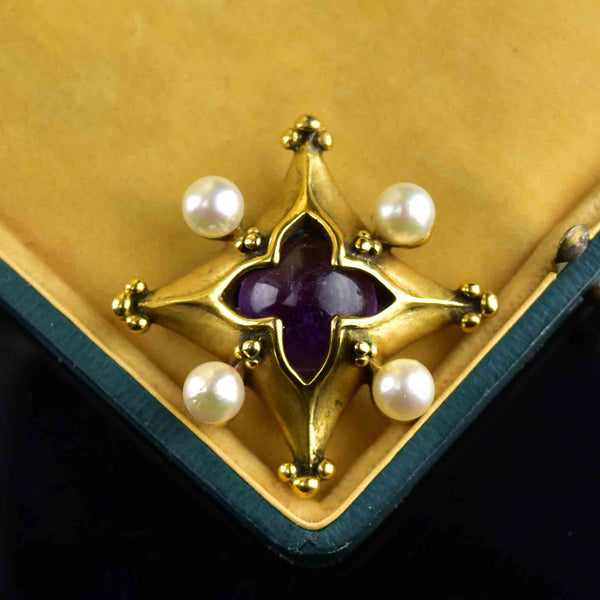 Vintage Quatrefoil Amethyst Pearl Brooch - Boylerpf