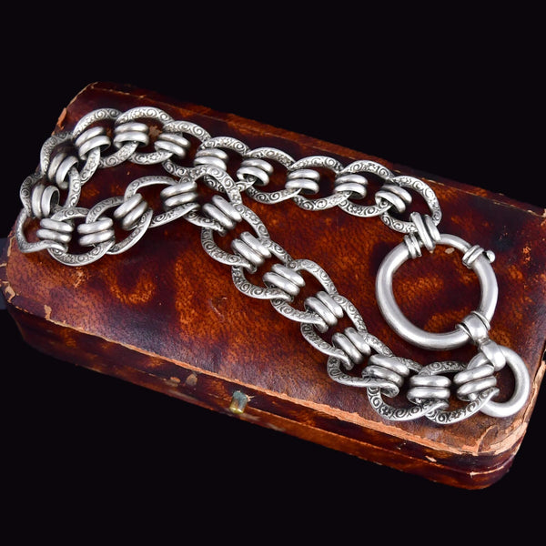 Antique Ornate Silver Bolt Clasp Mens Chain Bracelet - Boylerpf