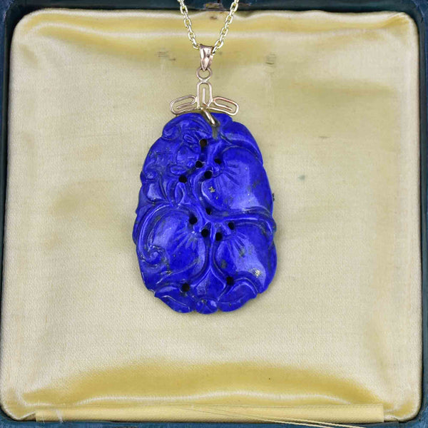 Vintage 14K Gold Carved Lapis Lazuli Flower Pendant Necklace - Boylerpf