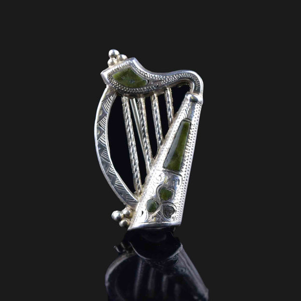 Antique Victorian Silver Irish Connemara Marble Harp Brooch - Boylerpf