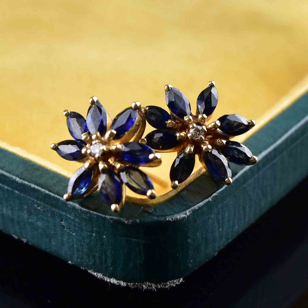 14K Gold Diamond Sapphire Floral Starburst Stud Earrings - Boylerpf