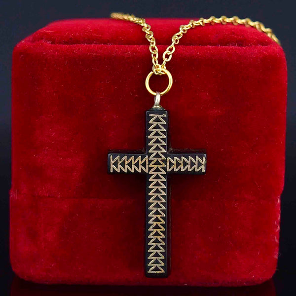 Antique Gold Inlay Pique Cross Pendant Necklace - Boylerpf
