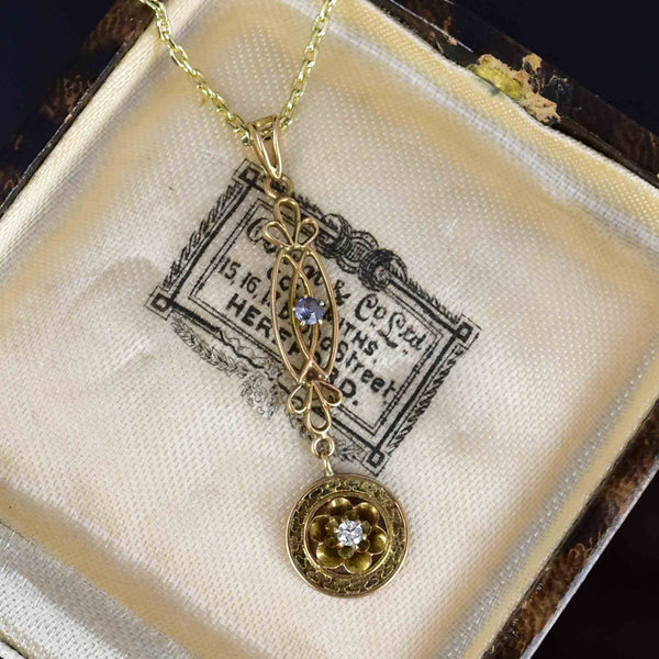 Art Nouveau 10K Gold Diamond Sapphire Lavalier Necklace - Boylerpf