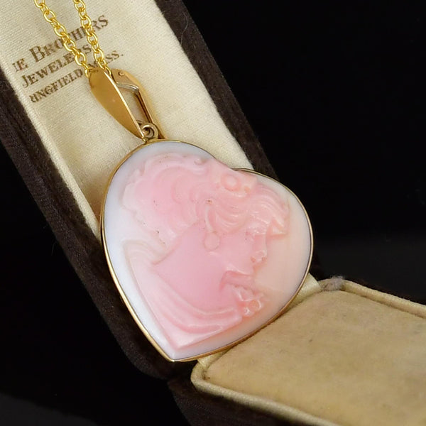 14K Gold Pink Shell Cameo Heart Enhancer Pendant Necklace