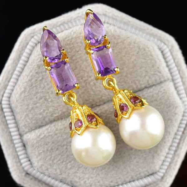 Vintage Amethyst Pearl Stud Drop Earrings - Boylerpf