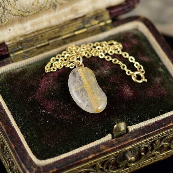 Vintage Rutilated Quartz 9K Gold Lucky Bean Necklace