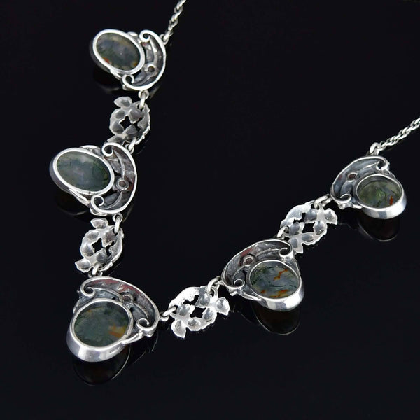 Antique Arts & Crafts Silver Dendritic Moss Agate Necklace - Boylerpf