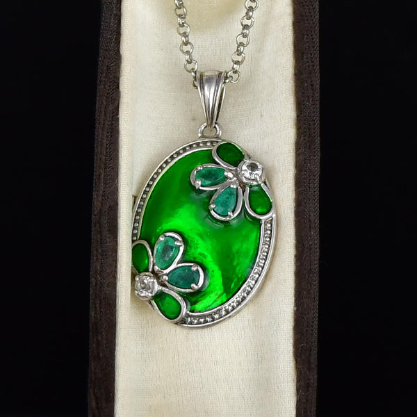 Vintage Green Enamel Emerald Floral Sterling Silver Necklace