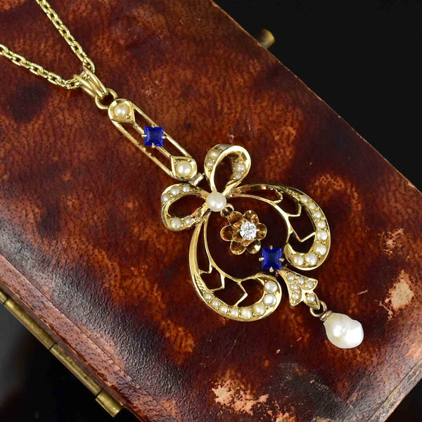 Antique Art Nouveau 14K Gold Diamond Sapphire Bow Lavaliere Necklace - Boylerpf