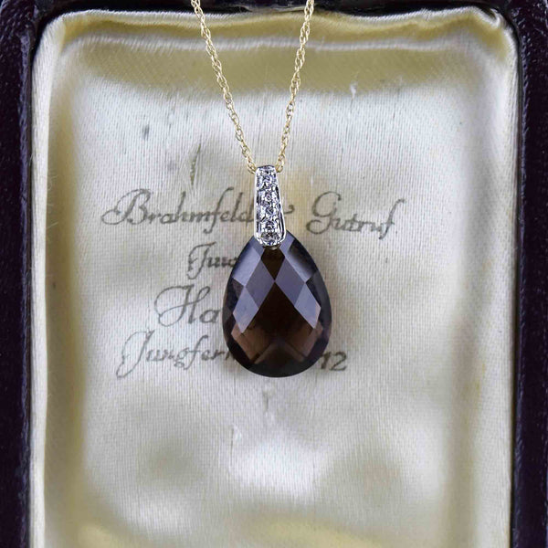 14K Gold Pear Cut Smoky Quartz Diamond Pendant Necklace - Boylerpf