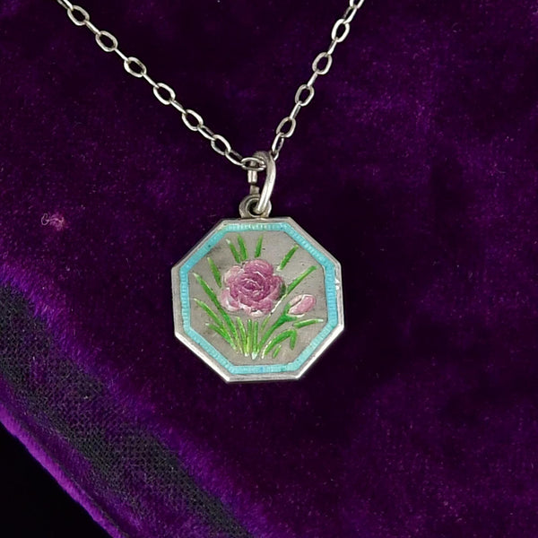 Antique Sterling Silver Enamel Flower Thomas L Mott Necklace